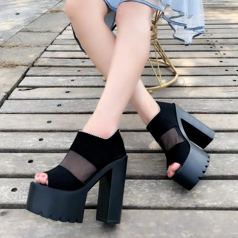 Sandals European Wedges With High-heeled Women 15CM Muffin Thick-bottom Mesh Fish Mouth Internal Cool Boots Women's ShoesSandals