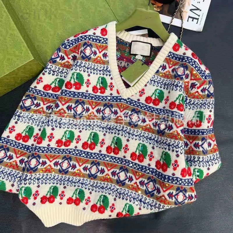 Nova moda solta masculina e feminina cereja gancho flor padrão frisado lã malha cardigan 2023