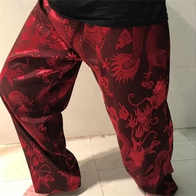 Satin ipeksi iyi ipek artı boyutu elastik bel Çince ejderha baskı ince cep pantolon erkekler pantolon ev uyku egzersiz jogger 201128