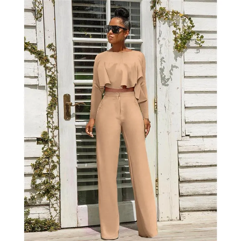 Ekaliy Women's 2-Piece Pant Suit Set - Ruffle Top & Wide Leg Pants, Fall Business & Dressy Outfit