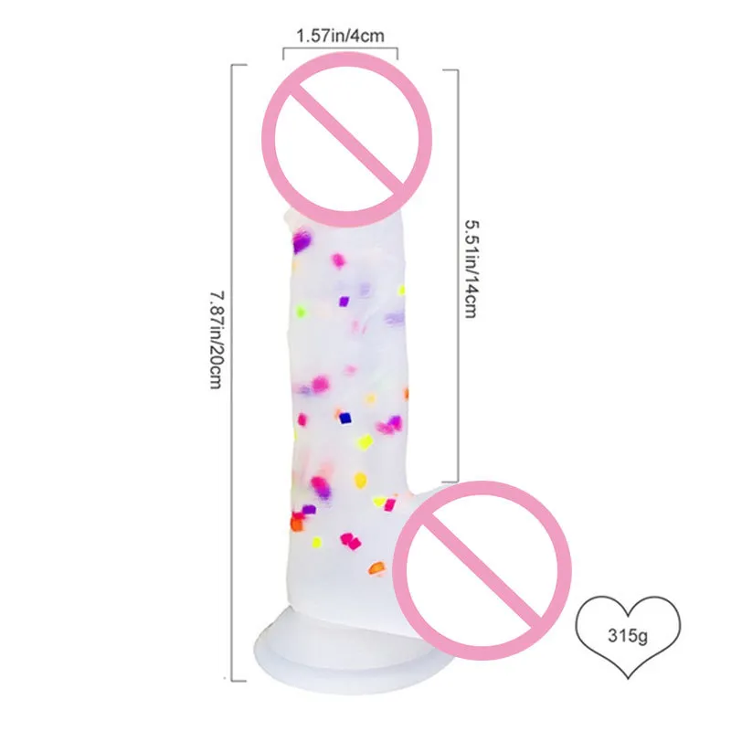 8 inch Kleurrijke Vloeibare Siliconen Enorme Jelly Dildo en Realistisch met Levensechte Clear Balls Zuignap Volwassen sexy speelgoed