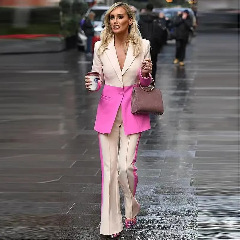 B1122 Anniversary Cocktail Prom Party Designer Runway Suit Set Women's Star Style Single Button Color Block Blazer Flare Pants Suit