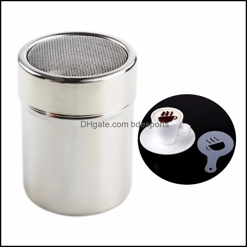 1pcs Stainless Steel Chocolate Shaker Cocoa Flour Coffee Sifter+16Pcs Coffee Template Strew Pad Duster Coffee Accessories