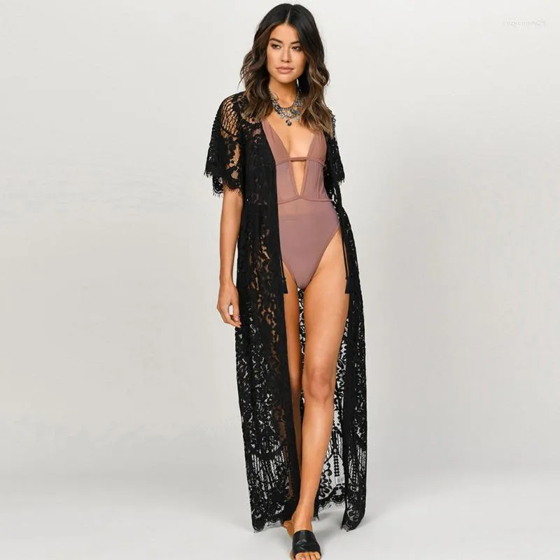 Bikini en dentelle couvre les maillots de bain du cardigan long robe de plage 2022 Perspective d'été Tassel Saida de Praia Pareo Women's