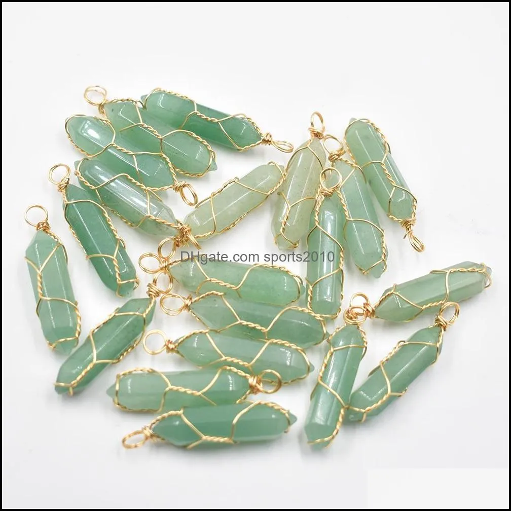 gold wire natural stone green aventurine charms hexagonal healing reiki point pendants for jewelry making