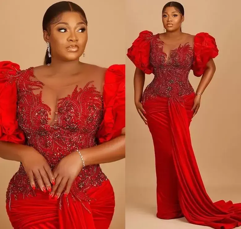 One pcs 2022 Plus Size Arabic Aso Ebi Red Luxurious Sexy Prom Dresses Lace Beaded Crystals Evening Formal Party Second Reception Birthday Engagement Gowns Dress