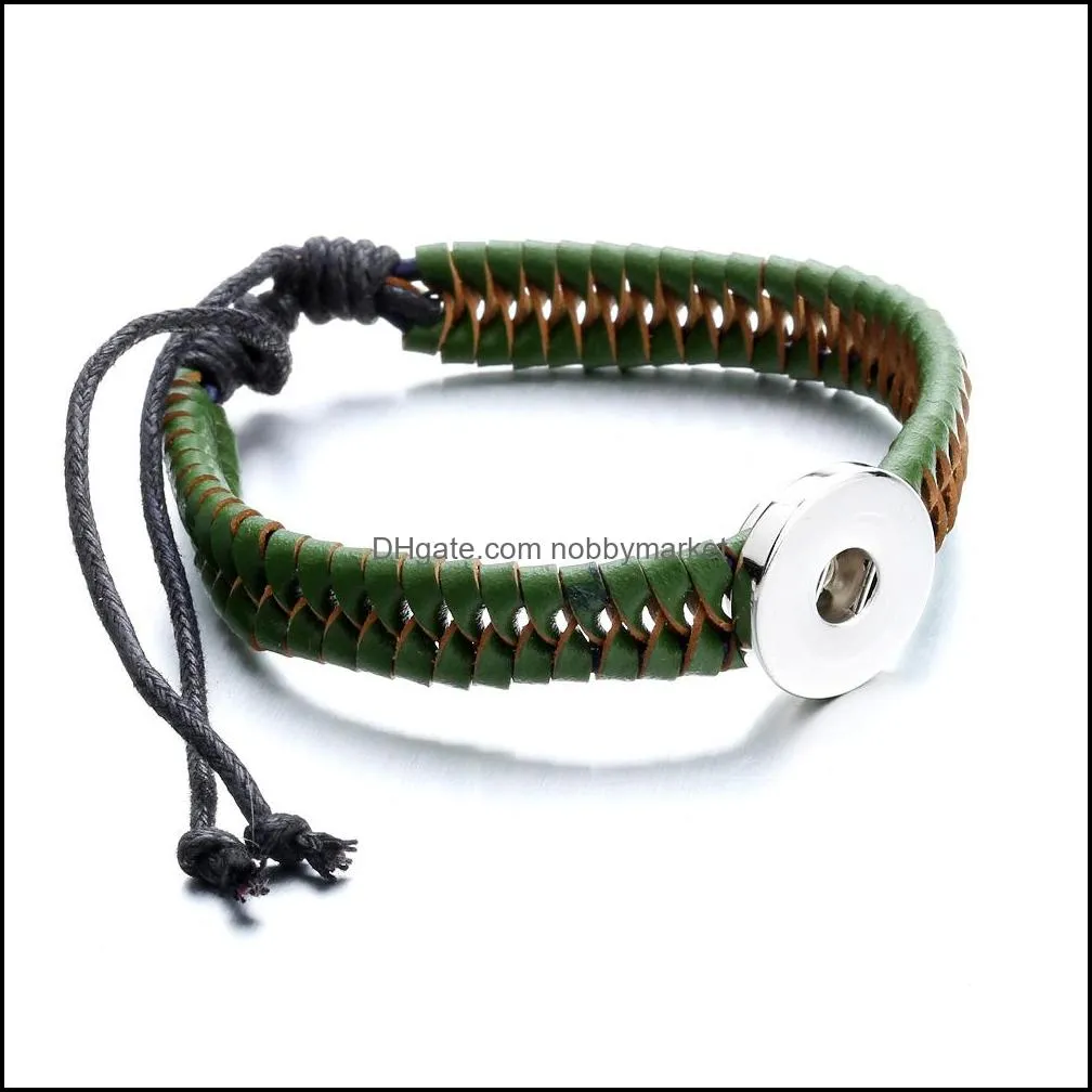 Black Brown Green Woven PU Leather Rope Bracelet fit 18mm Snap Button charms Bracelet Jewelry for women men