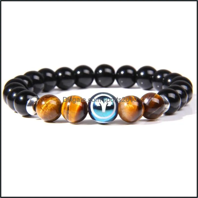 12 zodiac charm strands bracelet constellation signs tiger eye stone beads bracelets for women men couple horoscope fashion sports2010