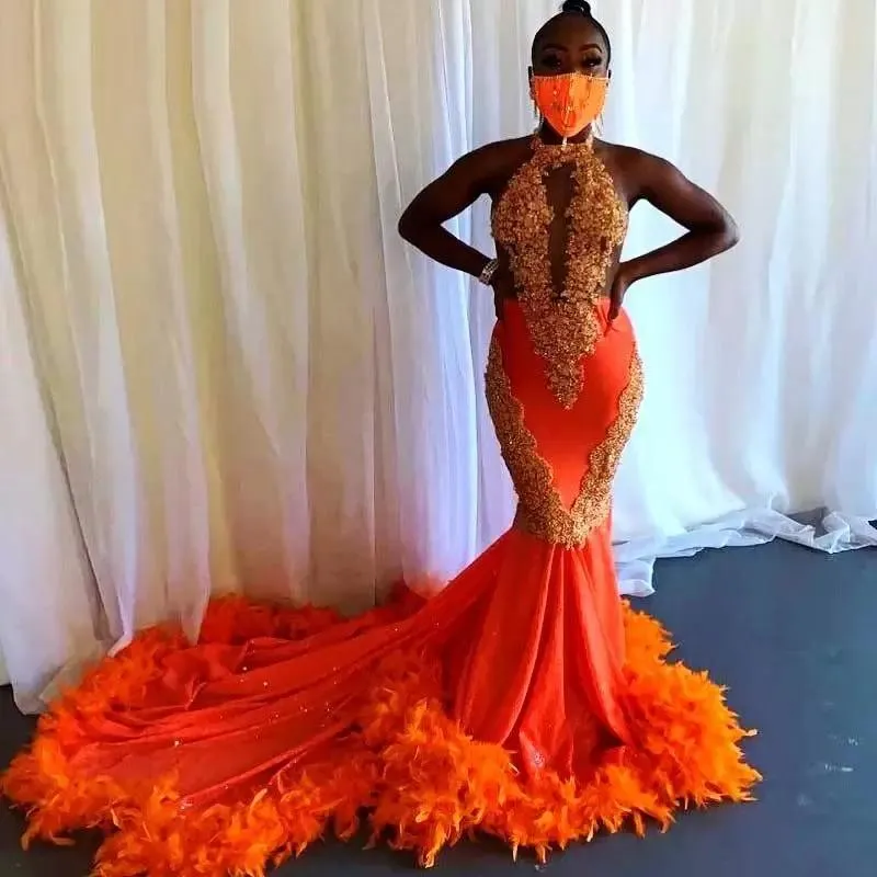 Orange Feathers Mermaid Prom Dress african Black Girls Halter Lace Appliques Backless Birthday Party Dress Long African Evening Gown