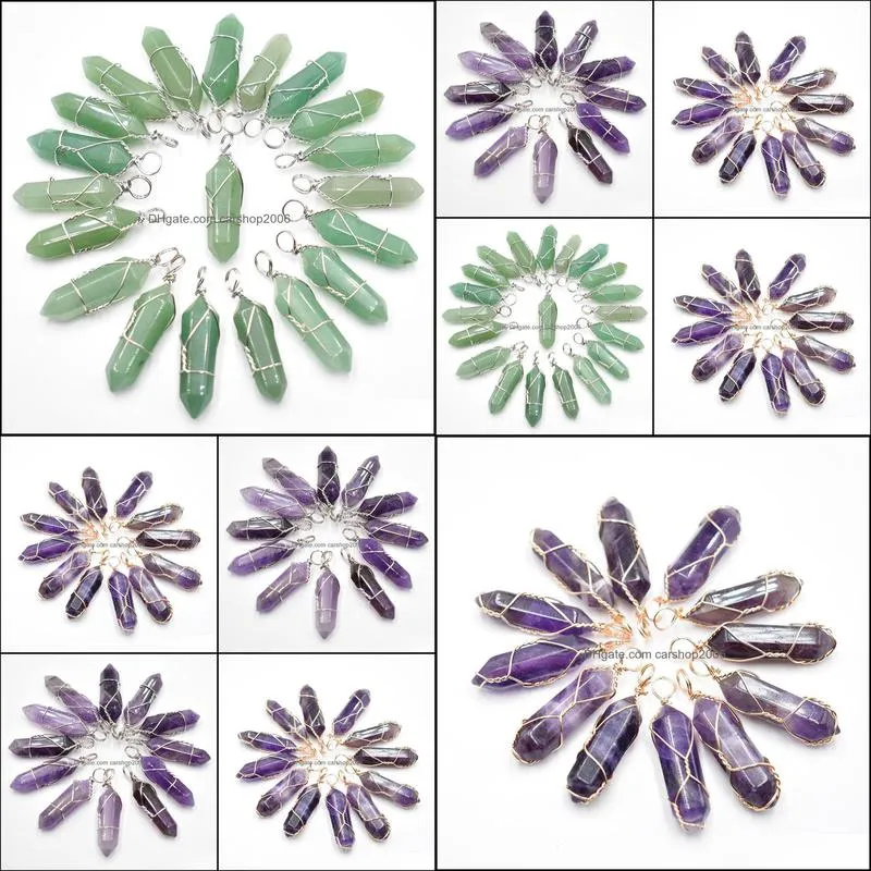 silver wire natural stone amethyst charms hexagonal healing reiki point pendants for jewelry making carshop2006