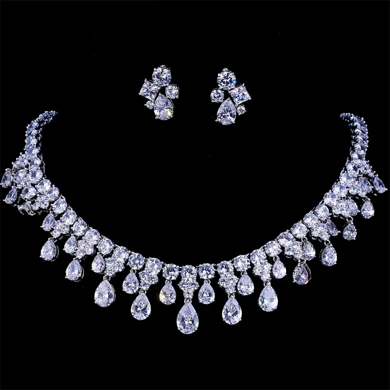 Emmaya Zircons High Quality White Gold Color Cubic Zirconia Bridal Wedding Necklace And Earring Sets Party Gift 220726