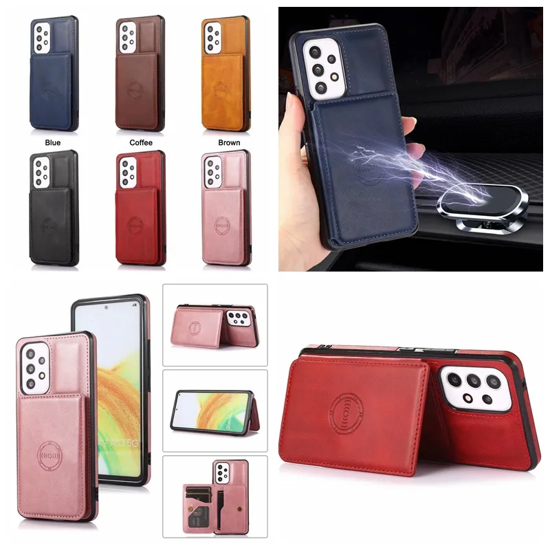 Telefoon Mount Card Holder Wallet Leather Cases voor Samsung A33 5G A53 A13 A22 4G A82 S21 FE A32 A52 A72 S22 Ultra Plus Support Magnetic Car Mount ID Credit Stand Smart Cover Smart Cover