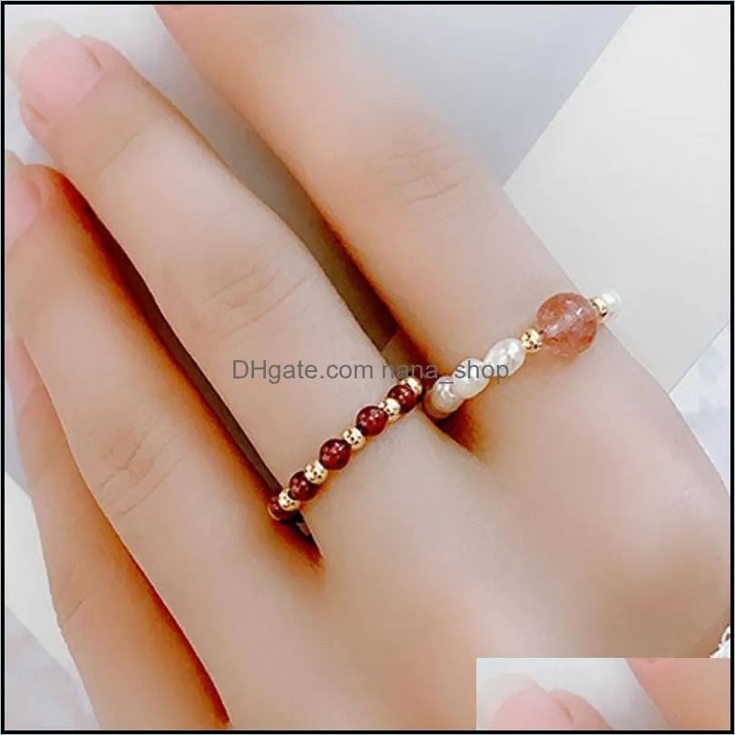 natural energy stone pearl bead gold plated handmade elastic band rings for women girl party club decor jewelry