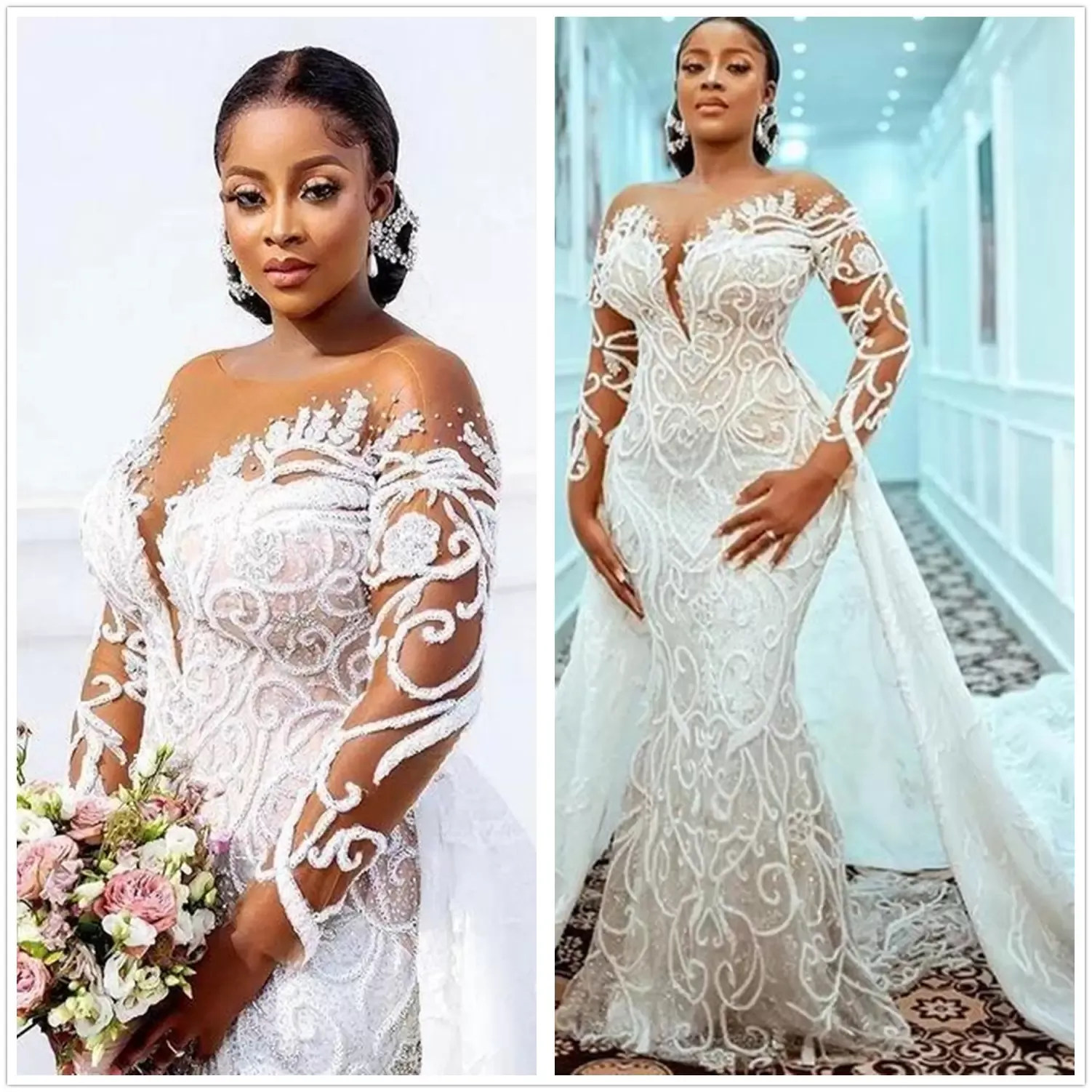 Plus Size Lace Mermaid Wedding Dresses 2022 With Detachable Train Sheer Long Sleeves Beaded Lace Appliqued Bridal Gown Custom Made Robe de mariée BES121