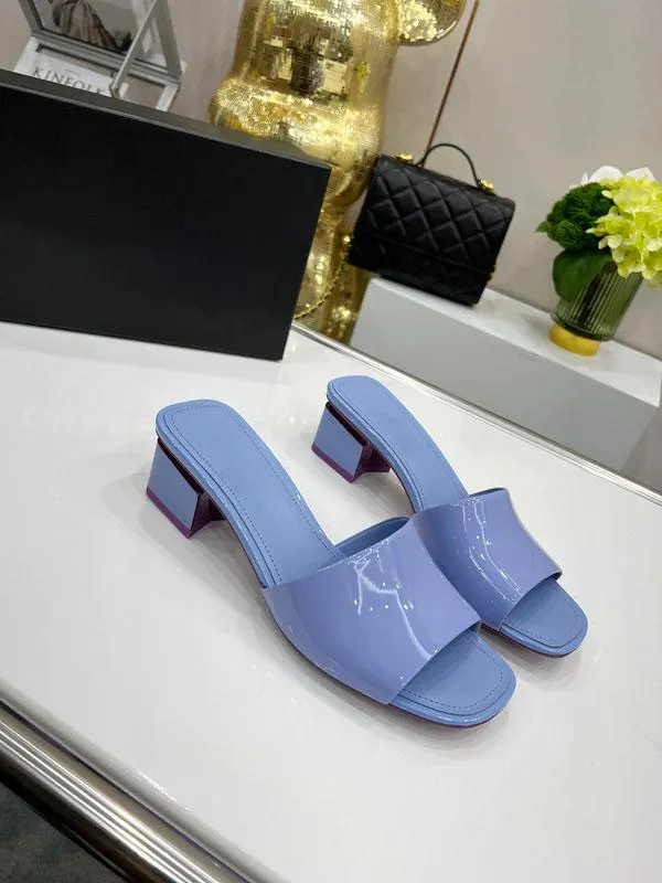 Designer Slippers Women Mules Calfskin Light Pink Slide Sandal Coarser Heels Slippers Summer Luxury Fashion Ladies Beach Shoes with box