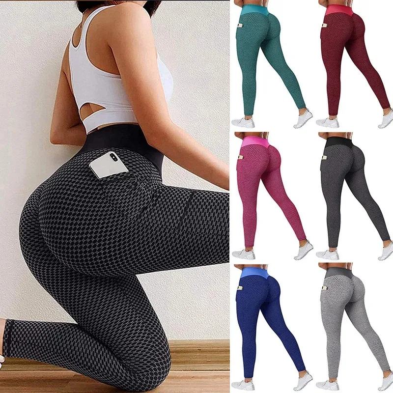 ヨガの衣装女性レギンスパンツシームレスサイドポケットバットリフティングフィットネスLeggins214g