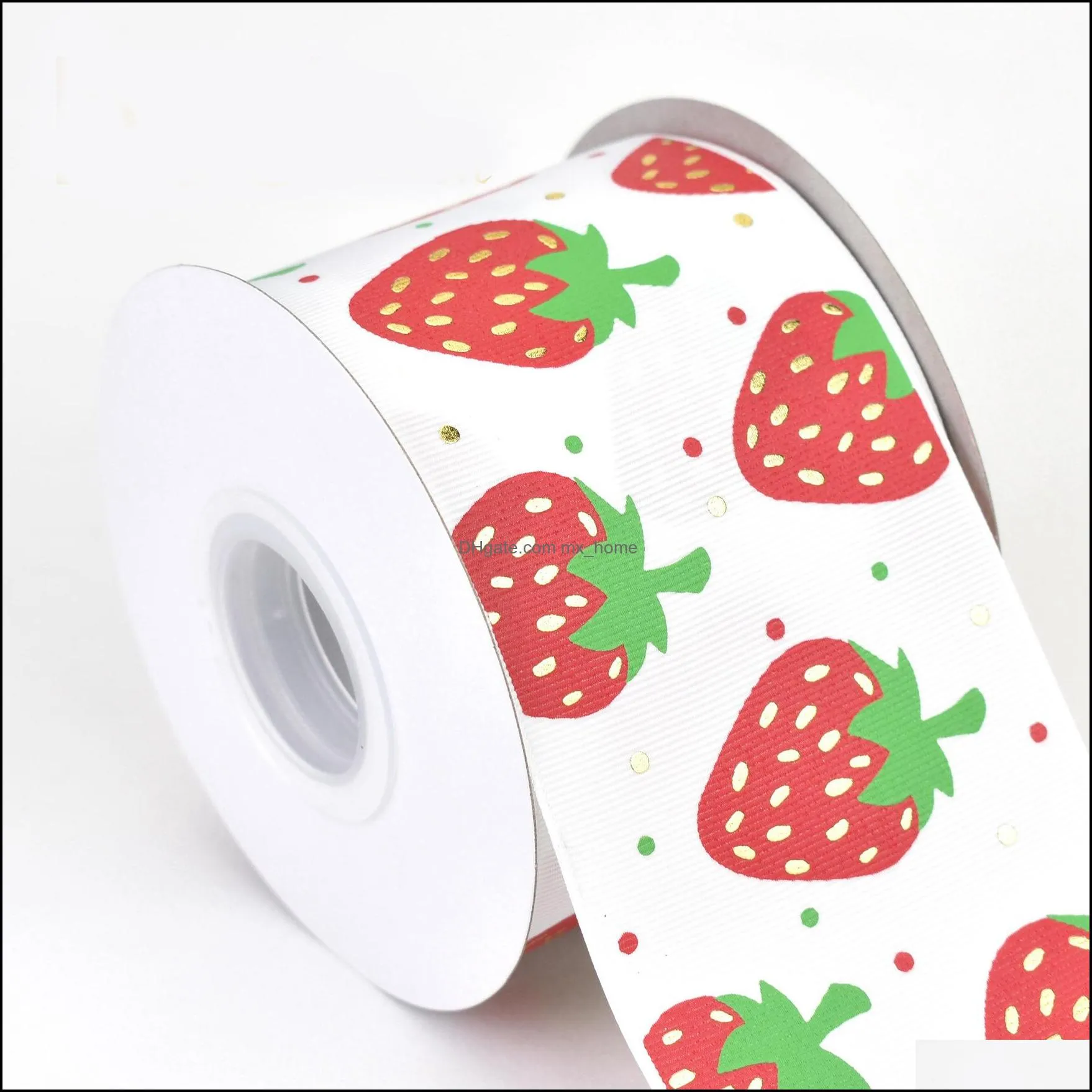 50yards 75mm Gold Foil Strawberry Berries Grosgrain Ribbon Fruit Series For DIY Accessories Welcome Custom designs