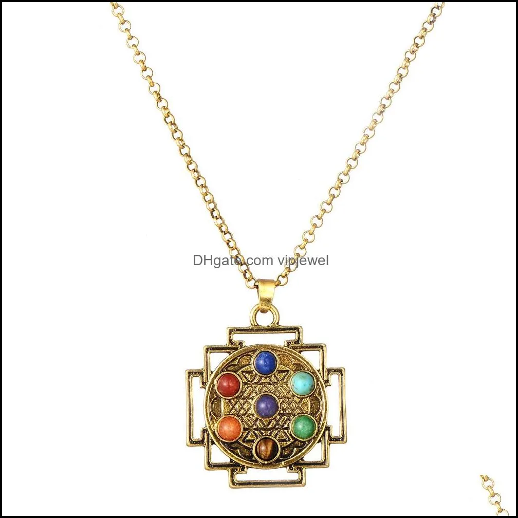 zinc alloy wholesale gemstone pendant vintage tree of life necklace healing 7 chakra necklace