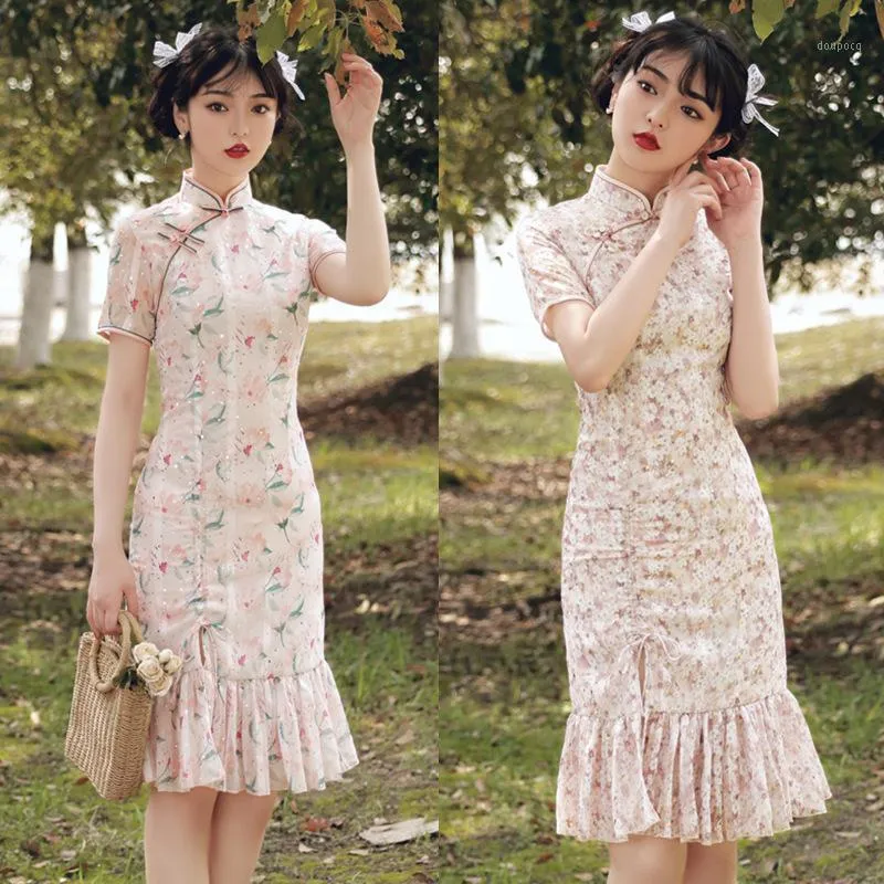 中国の伝統的な改良されたチョンサムQIPAOドレスモダン2022ドレスガールチョンサムプラスオリエンタルパーティーエスニック服のための夏