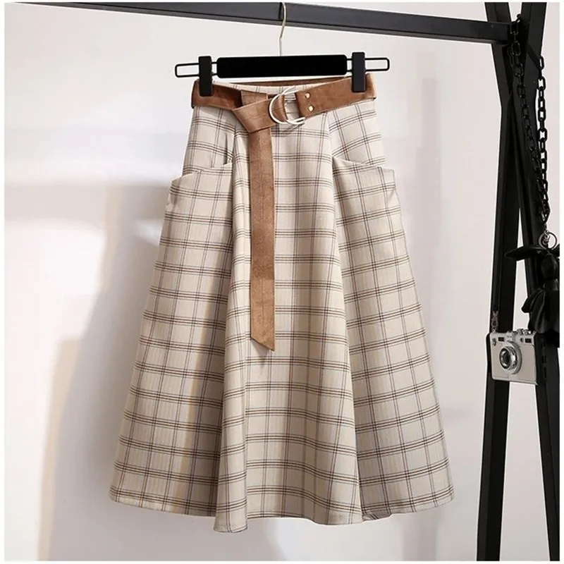 Plaid vintage varm tjock vinter hög midja kvinnliga kjolar kvinnlig höst plus size aline långa flickor kjol brun elegant kjol 210306