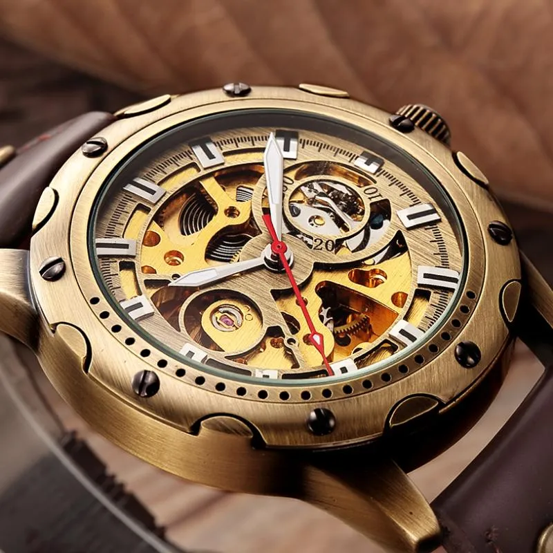 Armbanduhren Retro Bronze Skeleton Mechanische Uhr Männer Automatische Uhren Sport Luxus Top Marke Leder Relogio Masculino Männlich ClockWristwa