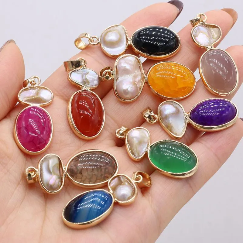 Pendant Necklaces Natural Stone Agates Pendants Oval Shape Gold Plated Multi-color Charms Making For Necklace Jewelry Gifts 15x35mm