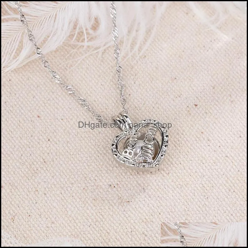 Luxury Luminous MOM Heart Pendant Open Glow in the dark beads cage Locket charm Silver chains For women Ladies Mother`s Day Jewelry