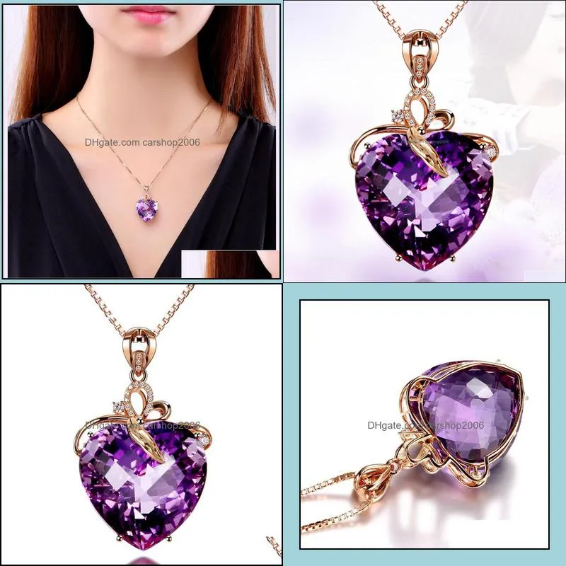 luxury heart amethyst pendant necklaces 18k gold plated stone natural purple diamond necklace female clavicle chain necklace carshop2006