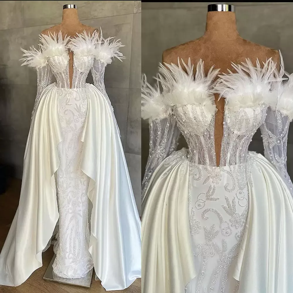 Robe de mariée de sirène 2023 Feather Off épaule à manches longues Illusion Bridal Gownsvistido de Noiva