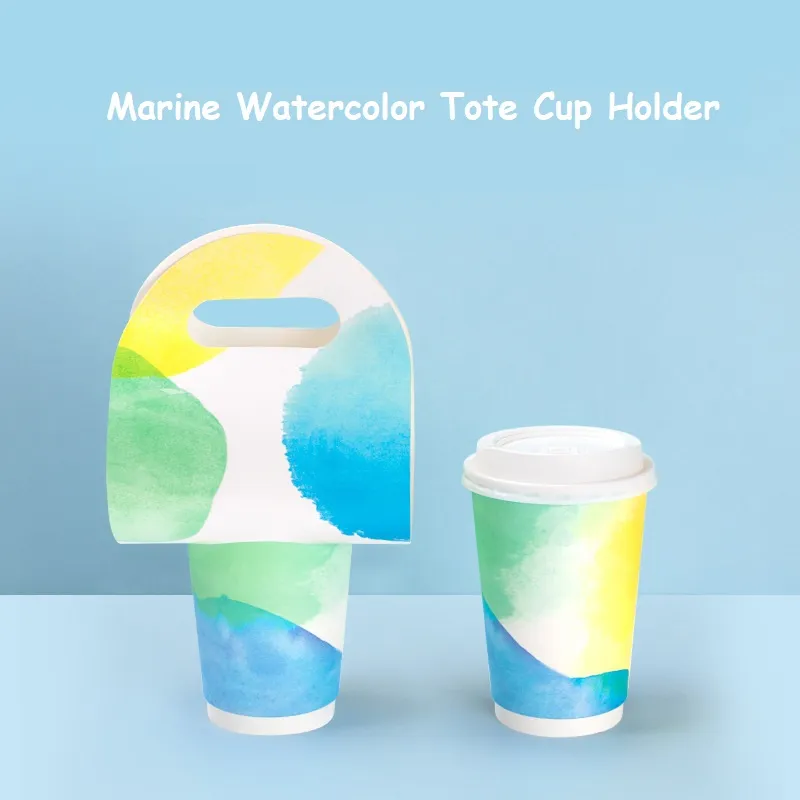 Disposable Marine Watercolor Koi Tote Cup Holder Raw Wood Pulp Paper Kraft Drink Carrier With Handles Beverage Takeaway Tablewear MJ0456