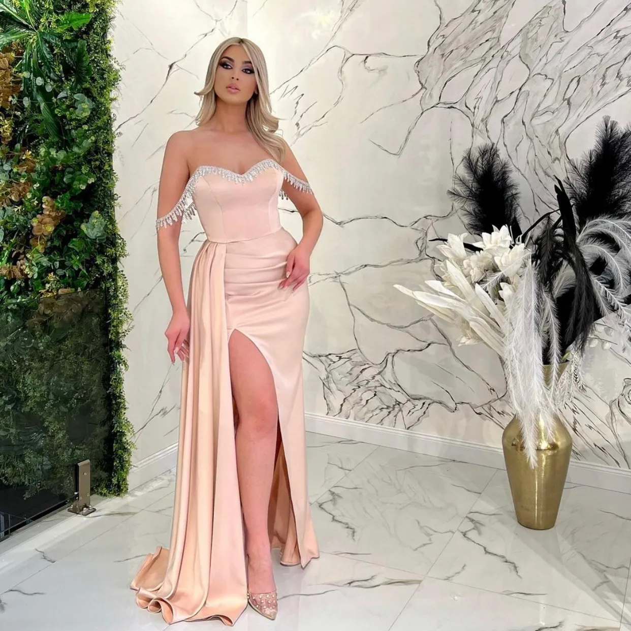 Dusty pink off shoulder dress online