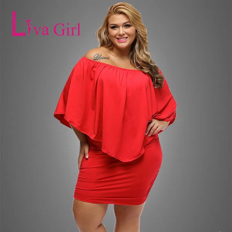 Liva Girl Women Plus Size Dress Red Off ombro femme Mini vestidos sexy grandes vestidos de corpo grande e casual xxxl 220527