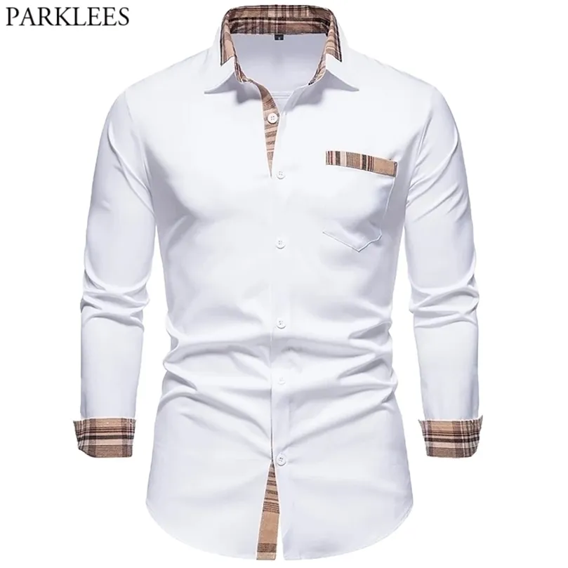 PARKLEES automne Plaid Patchwork chemises formelles pour hommes mince à manches longues blanc boutonné chemise robe d'affaires bureau Camisas 220813