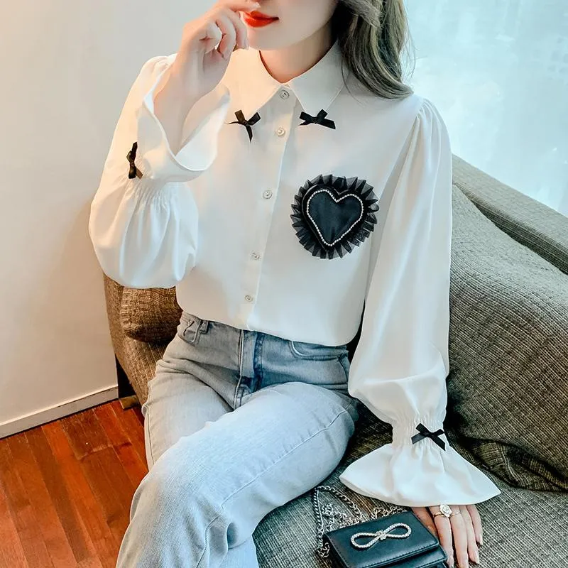 Women's Blouses & Shirts Yarn Stitching Love Drilling Shirt Female Spring 2022 Bow Flared Sleeve Blouse 837i 615-5Women's