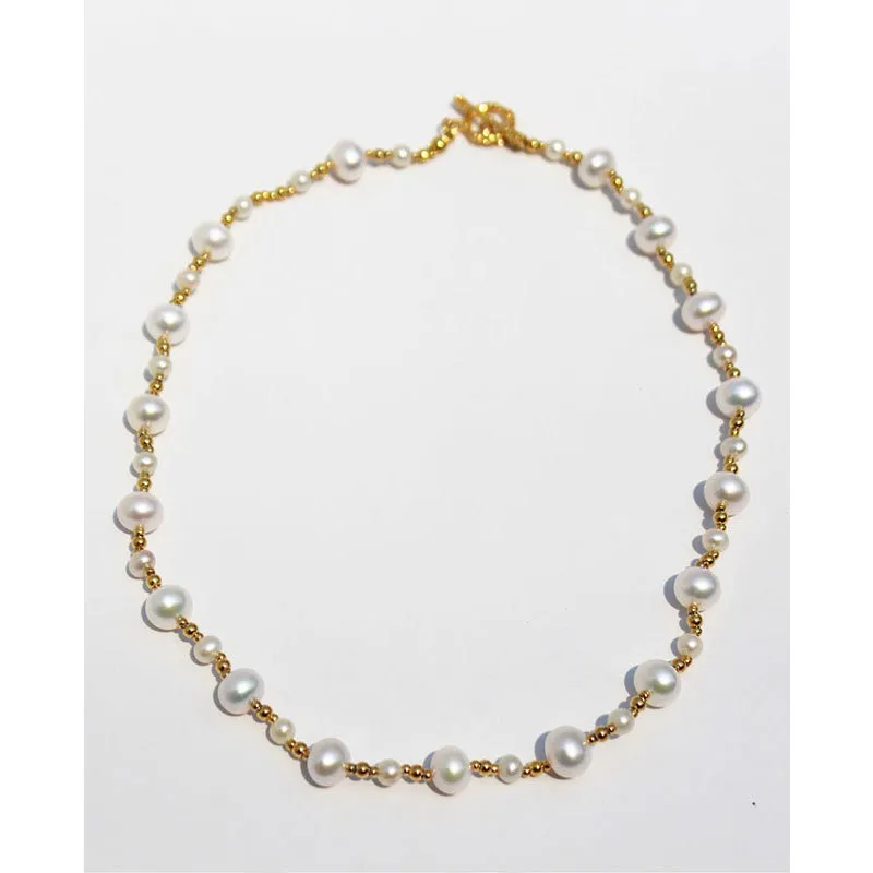 Vacuum plating does not fade high-end pearl necklace natural freshwater gold ball beaded OT buckle necklace