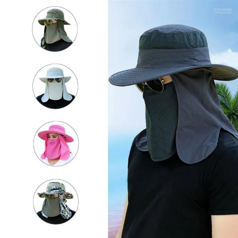 Été unisexe décontracté chapeau pêche soleils anti UV visage cou couverture complète crème solaire pêcheur casquette chapeau de soleil randonnée casquette bandeau large bord chapeaux Elob22