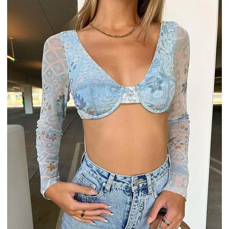 Women's T-Shirt Women Crop Top Long Sleeve Tops With Chic Print Skinny Fit Deep V Neck Navel Summer Clothing Sexy Lingerie Female Tanks Vest