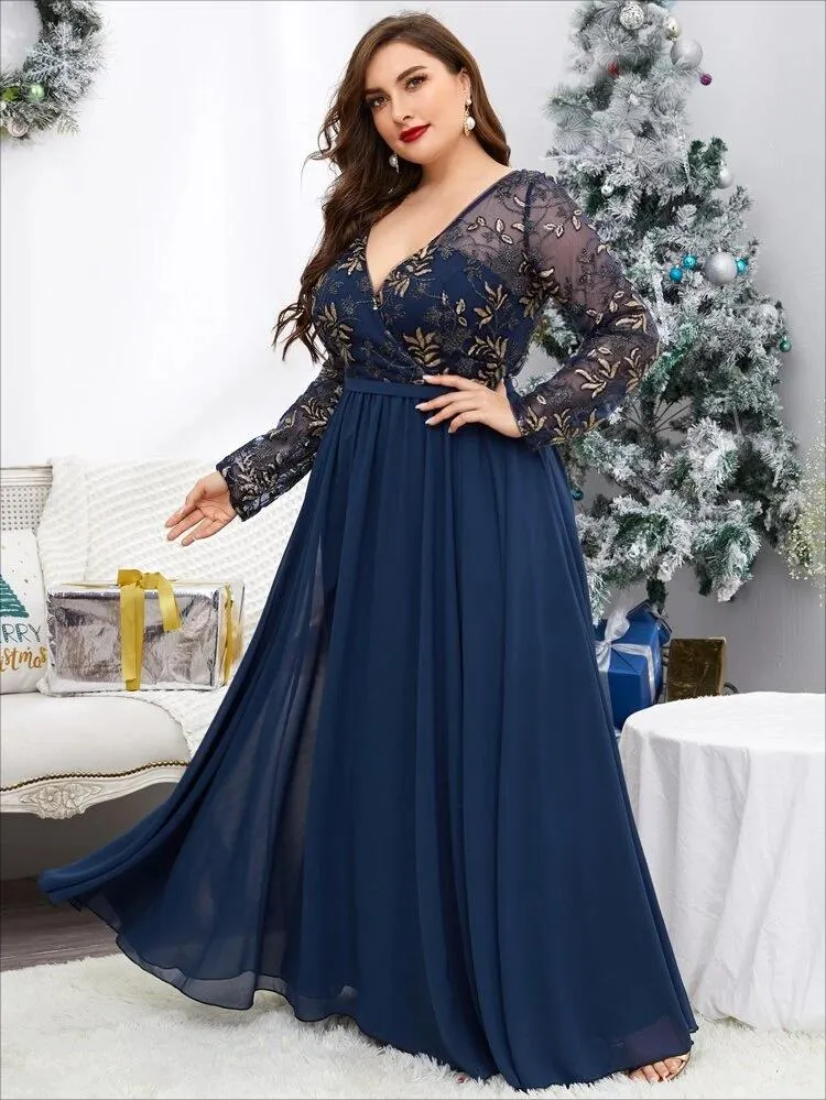 Navy Blue Lace Plus Size Prom Dress with V Neck and Long Sleeves