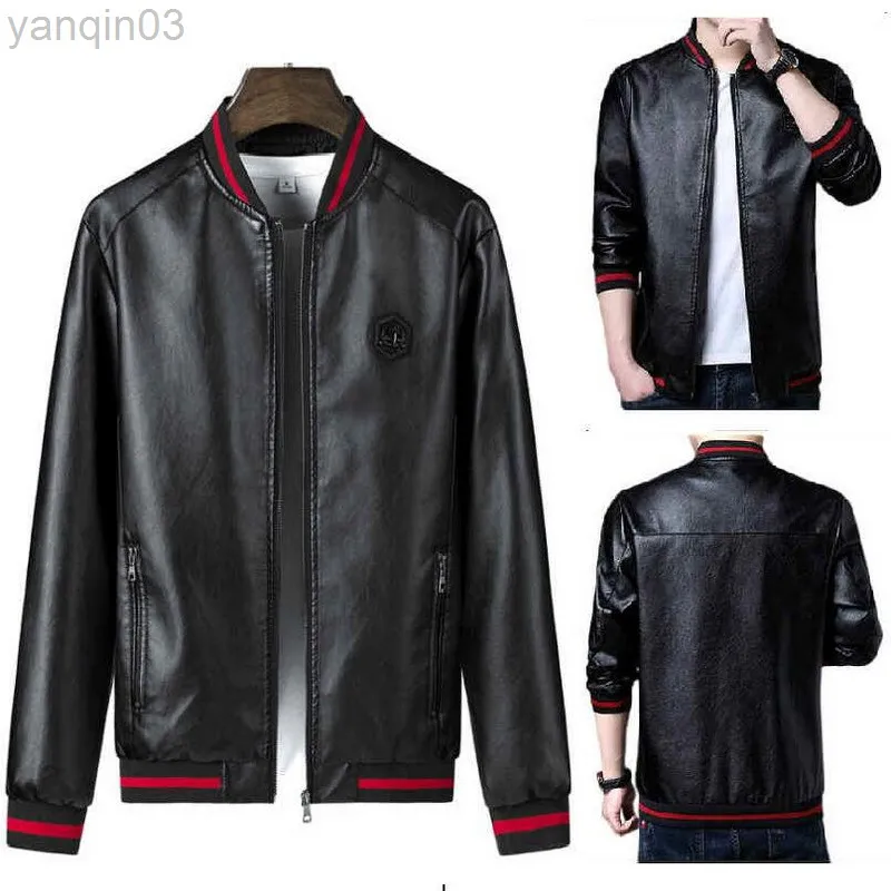 Slim Fit Mens Leather Jackets Cheap Jacket With Round Neck Badge Thick