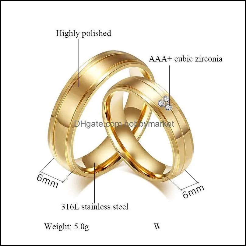 Wedding Rings Fashion Gold-Color Couple + Cubic Zirconia Stainless Steel Engagement Ring For Women Men
