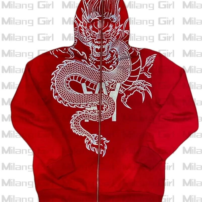 Sweats à capuche pour hommes Sweat à capuche zippé imprimé dragon Rouge Goth Sweat-shirt Sport Manteau Hip hop Manches longues Sweat à capuche Y2k Veste 220725