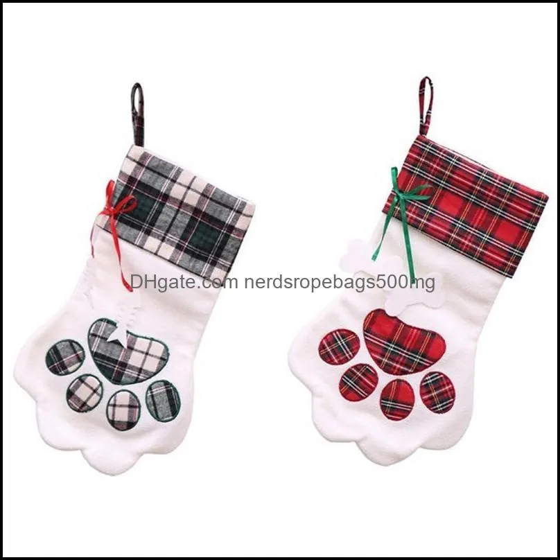 Creative Blanks Plaid Decor Cuff Gift Holder Dogs Paw Shape Socks Plush Christmas Stocking Two Kinds Party Supplies 15yh