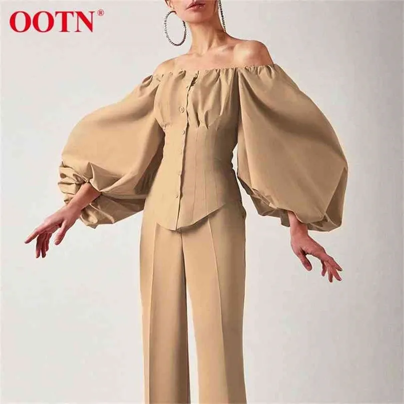 OOTN Sexy Slim Off Shoulder Women Shirt Blouses Lantern Sleeve Tunic Female Top Laides Shirt Pleated Elegant White Blouse Button 210326