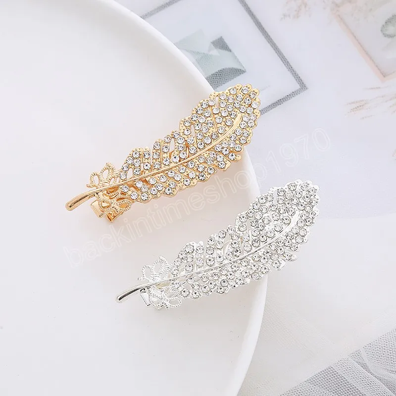 Mode Rhinestone Feather Haar Clip Volledige Diamond Blad Vorm Metalen Haarspeld Dames Haaraccessoires Bruid Hoofdtooi Gift