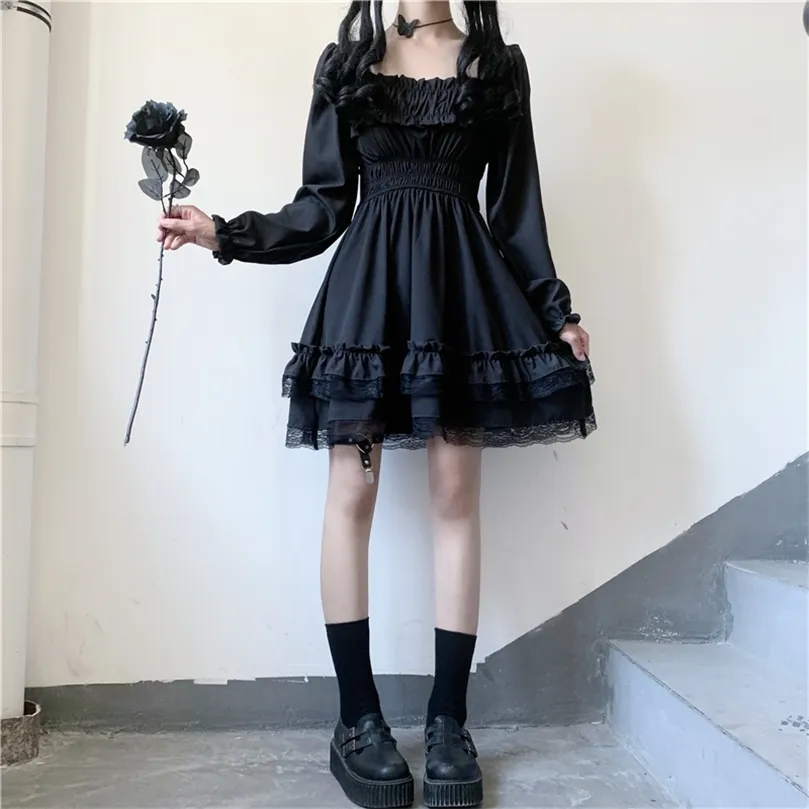 New Japanese Lolita Style Women Princess Mini abiti neri Abito gotico a vita alta Abito lungo con maniche a sbuffo in pizzo Abiti da festa 210319