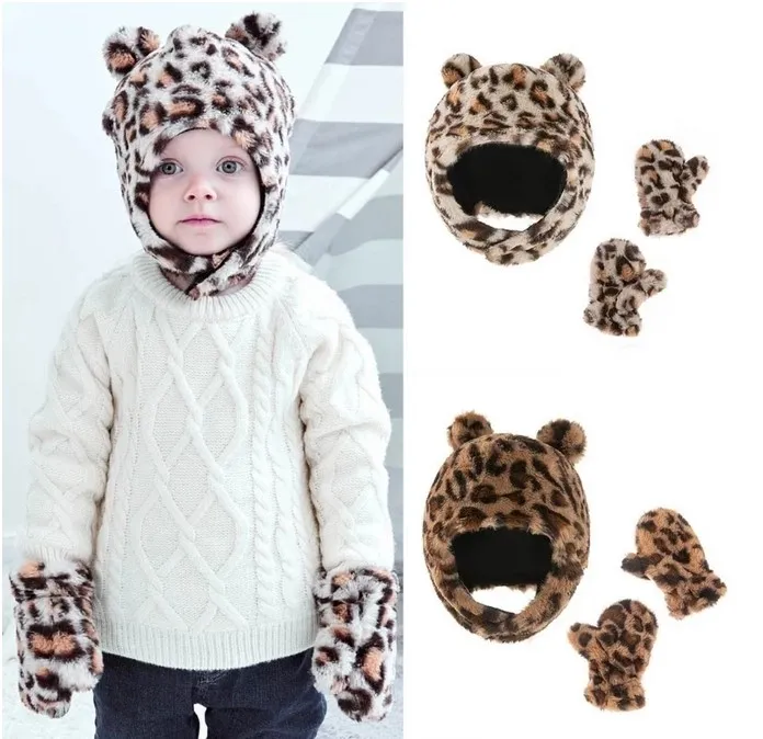 Vinter varm baby leopard mönster öronflap hatthandskar set söta öron mössa mitten kit för småbarn flickor pojkar