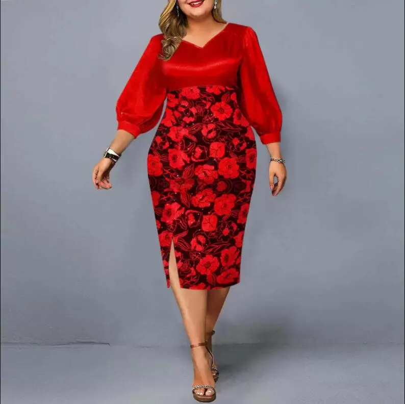 Plus Size Sukienki Elegancka Dress 2021 Kobiety Floral Print Mid Red Jesień Damska Seksowna V-Neck Boże Narodzenie klub Party 3XL 4XL 5XL