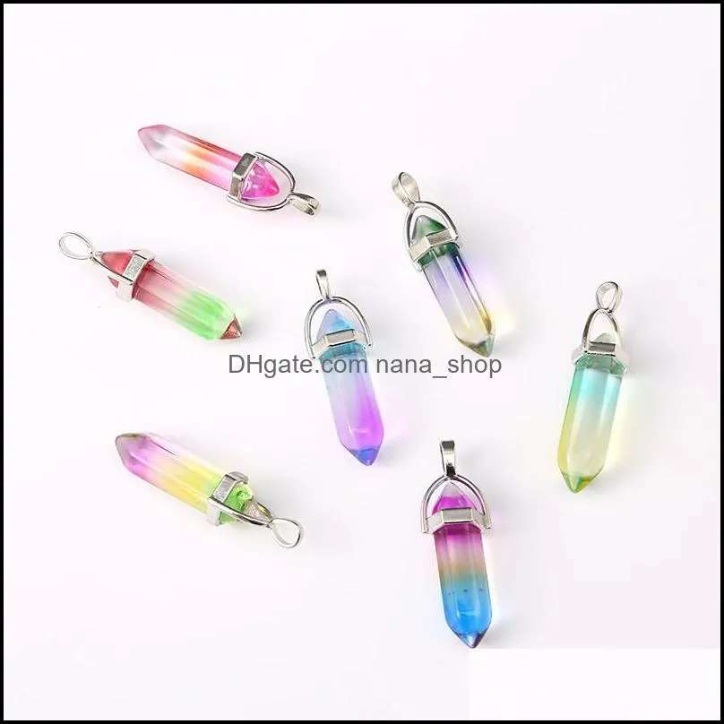 Rainbow Gradient colored glass double pointed hexagon pendant bullet head charms for necklace earrings jewelry making