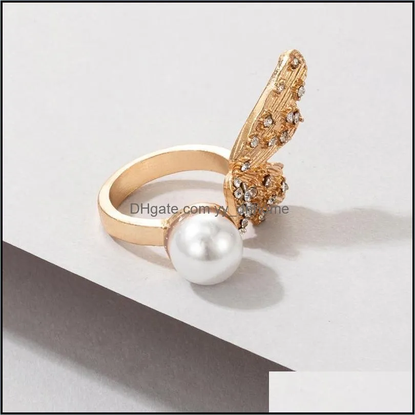 pretty butterfly wings gold ring for women elegant pearl stone alloy metal wedding opening ring jewelry