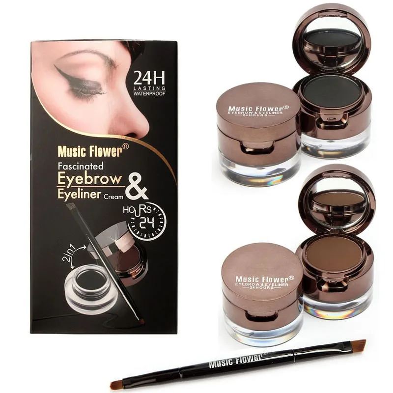 Music Flower 2 In 1 Brown Black Eyeliner Gel Make Up Waterproof Smudge-proof Cosmetics Set Eye Liner Cream Makeup with Brushes